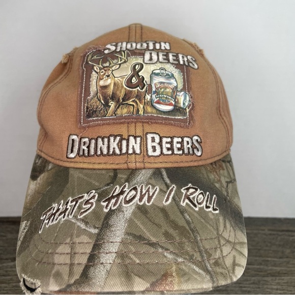 Buckwear Camo Cap with Embroidery Shootin Deer and Drinking Beer. OS. Distressed - Picture 2 of 12